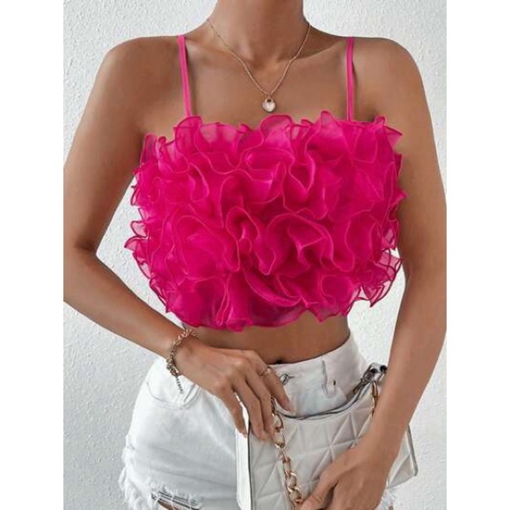 Pink Ruffled Solid Contrast Mesh Crop Cami Top size small regular